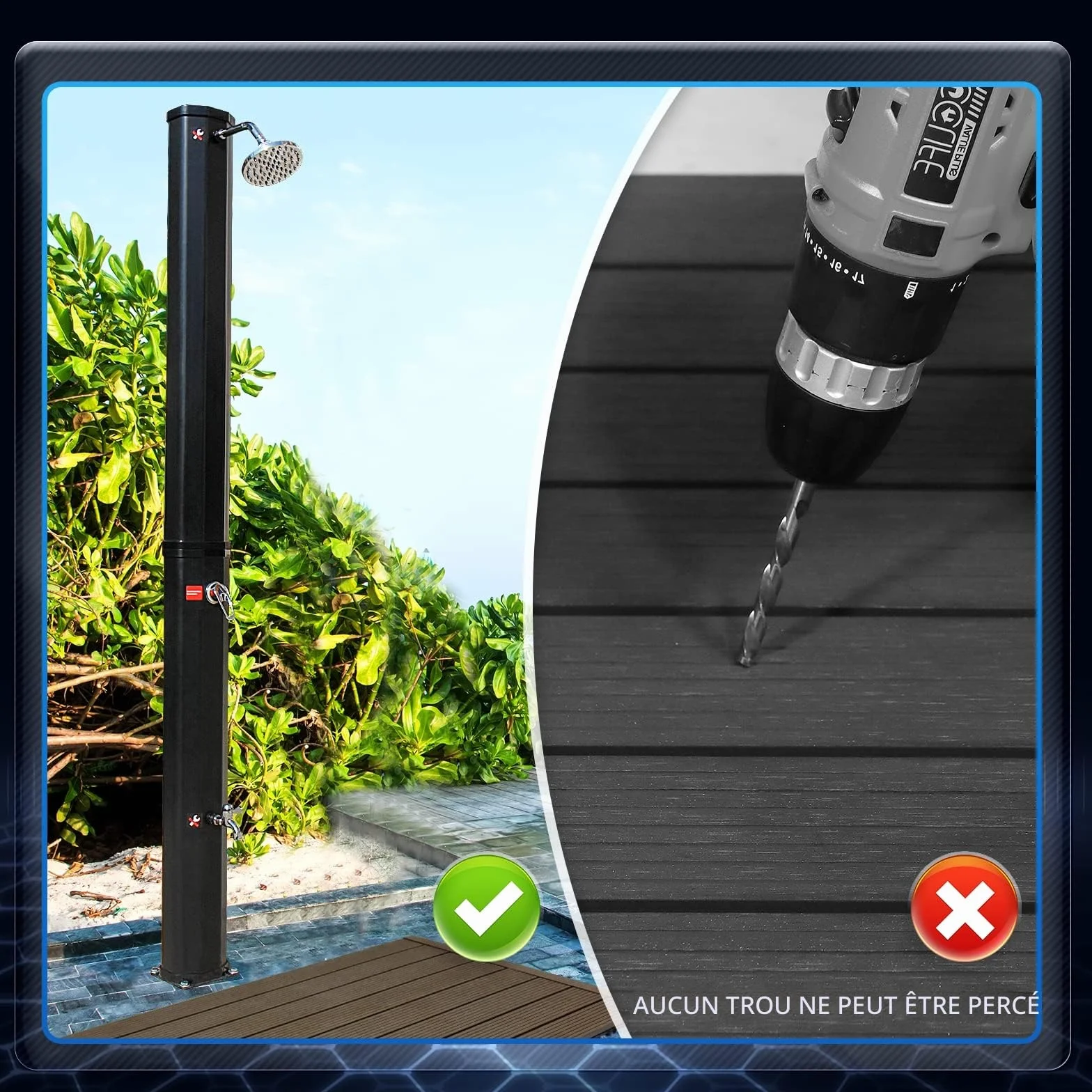 CCLIFE Douche Solaire 40 litres Jardin avec Fond Bois WPC Housse Protection Pommeau Réglable Température 60°