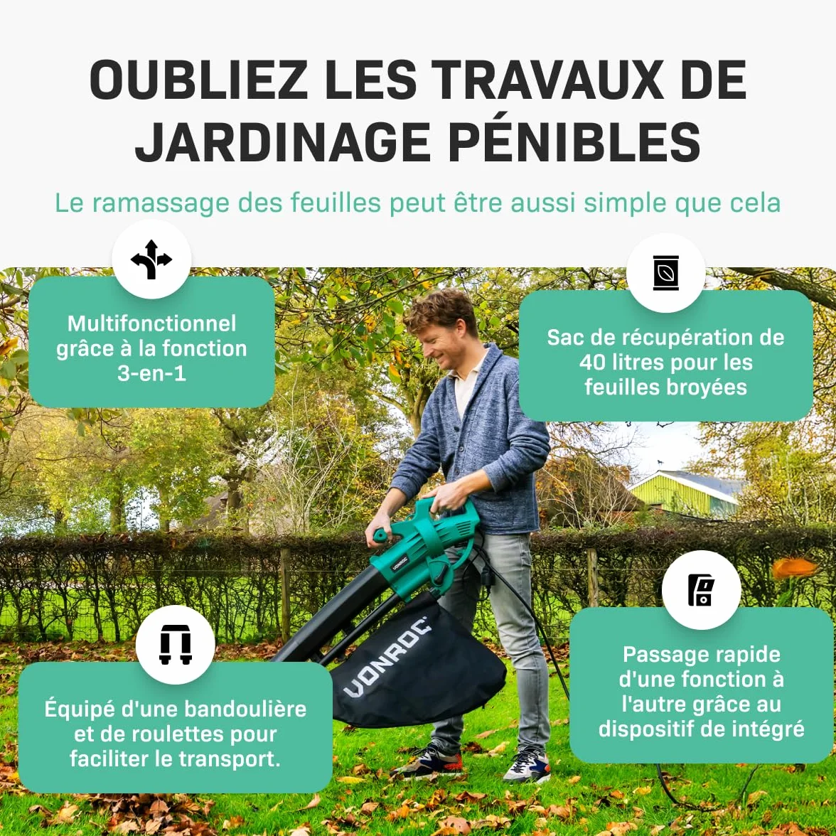 VONROC Souffleur de Feuilles 3-en-1 3300W Aspirateur Souffleur 270km/h 40L