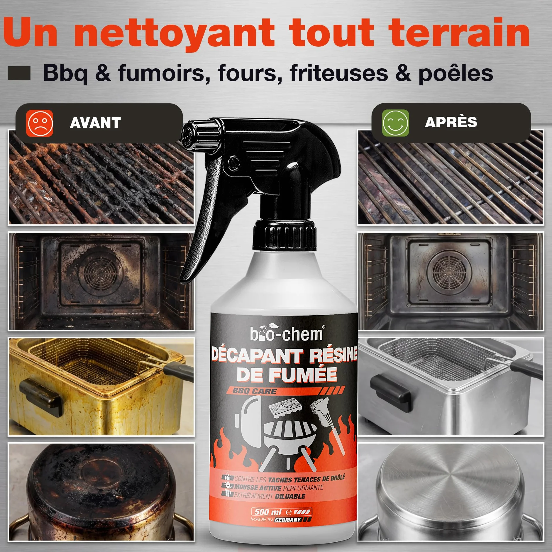 Bio-Chem Décapant résine de fumée 0,5L Nettoyant dégraissant 2 en 1 Vaporisateur pour Grill et Barbecue