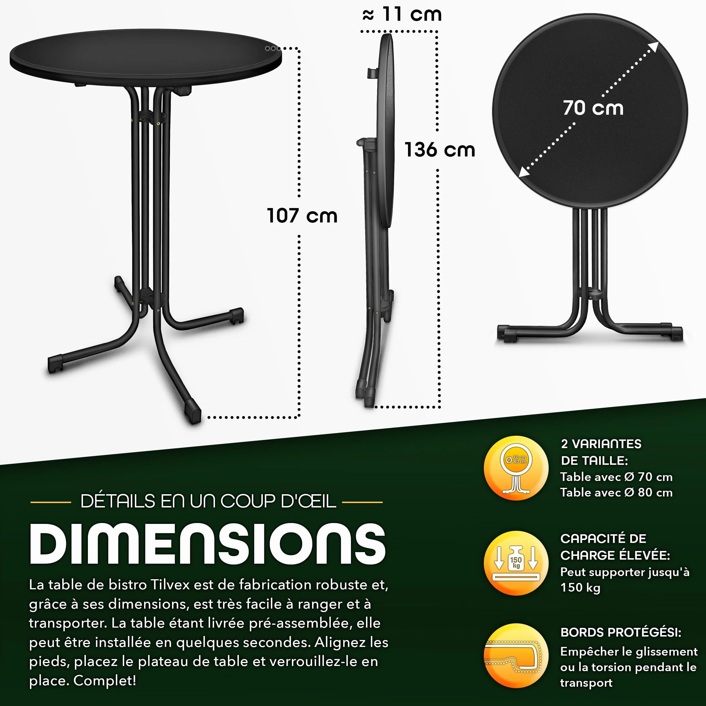 Tillvex Table haute Gastro pliable 70 cm - Table de bistrot ronde résistante aux intempéries
