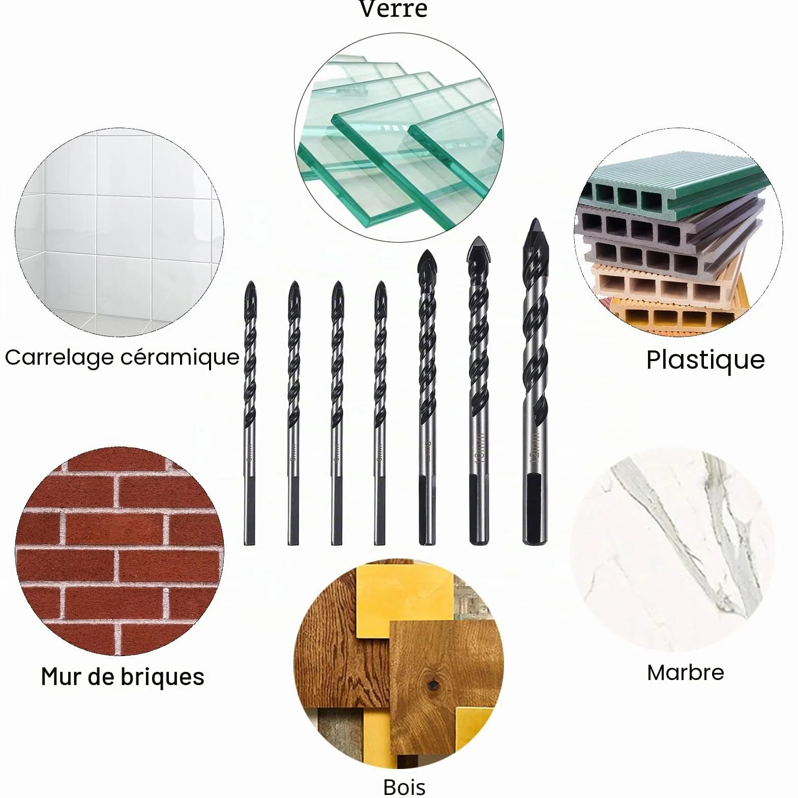 Forets à Pointe Carbure de Tungstène Ø 6-12 mm Lot de 7 pour Carrelage Porcelaine Brique Ciment Bois Verre