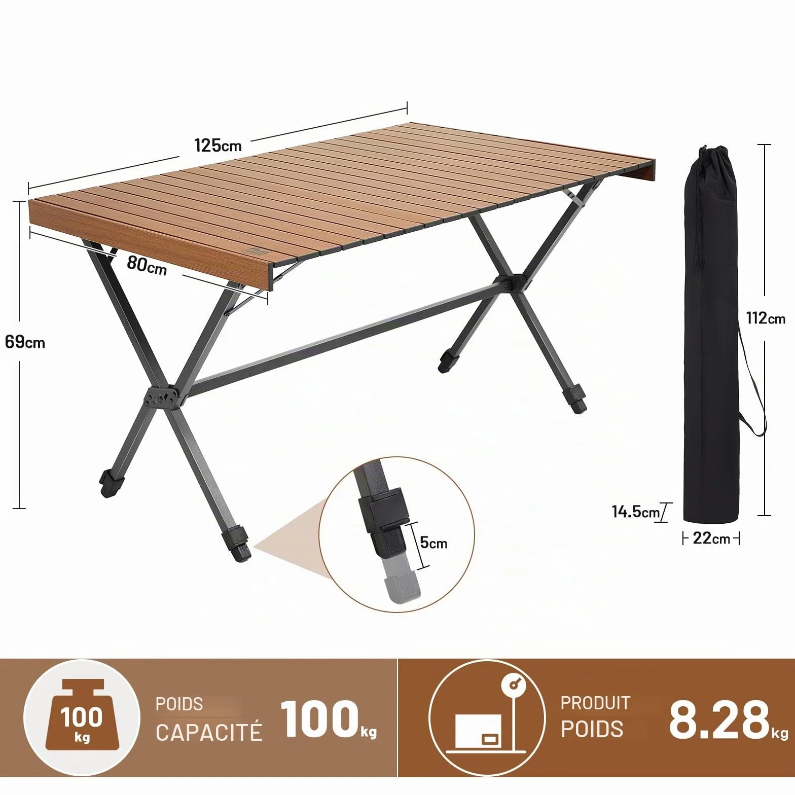 TIMBER RIDGE Table de Camping Pliable 125 x 80 cm Hauteur Réglable XXL Jardin Extérieur