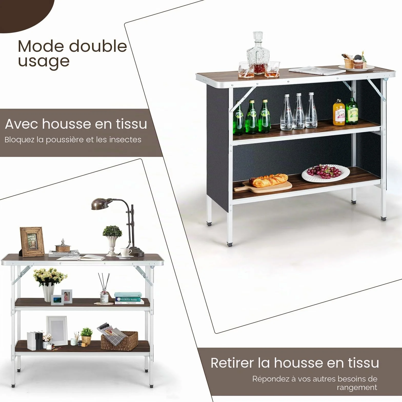 Table de Camping Pliante Aluminium KOMFOTTEU avec Sac Rangement 3 Niveaux Brun