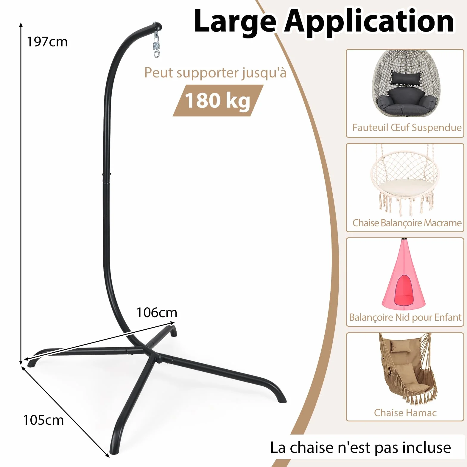 COSTWAY Hamac en Métal 1 Place avec Support, Rotation à 360°, Charge 180 kg, 106x105x197 cm