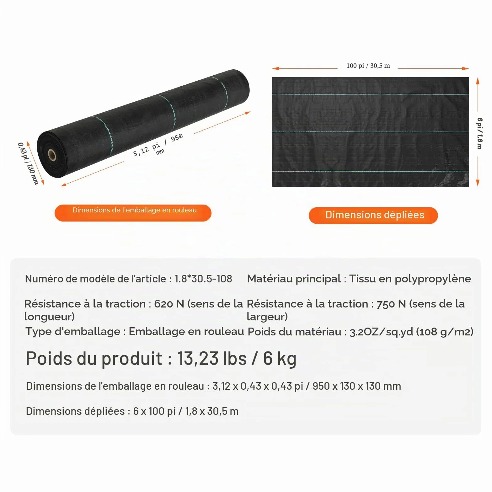 VEVOR Toile de Paillage Anti-Mauvaises Herbes 1,8x30,5 m Géotextile Tissé 108 g/m² PP Perméable Résistant Déchirure Couvre-sol Noir