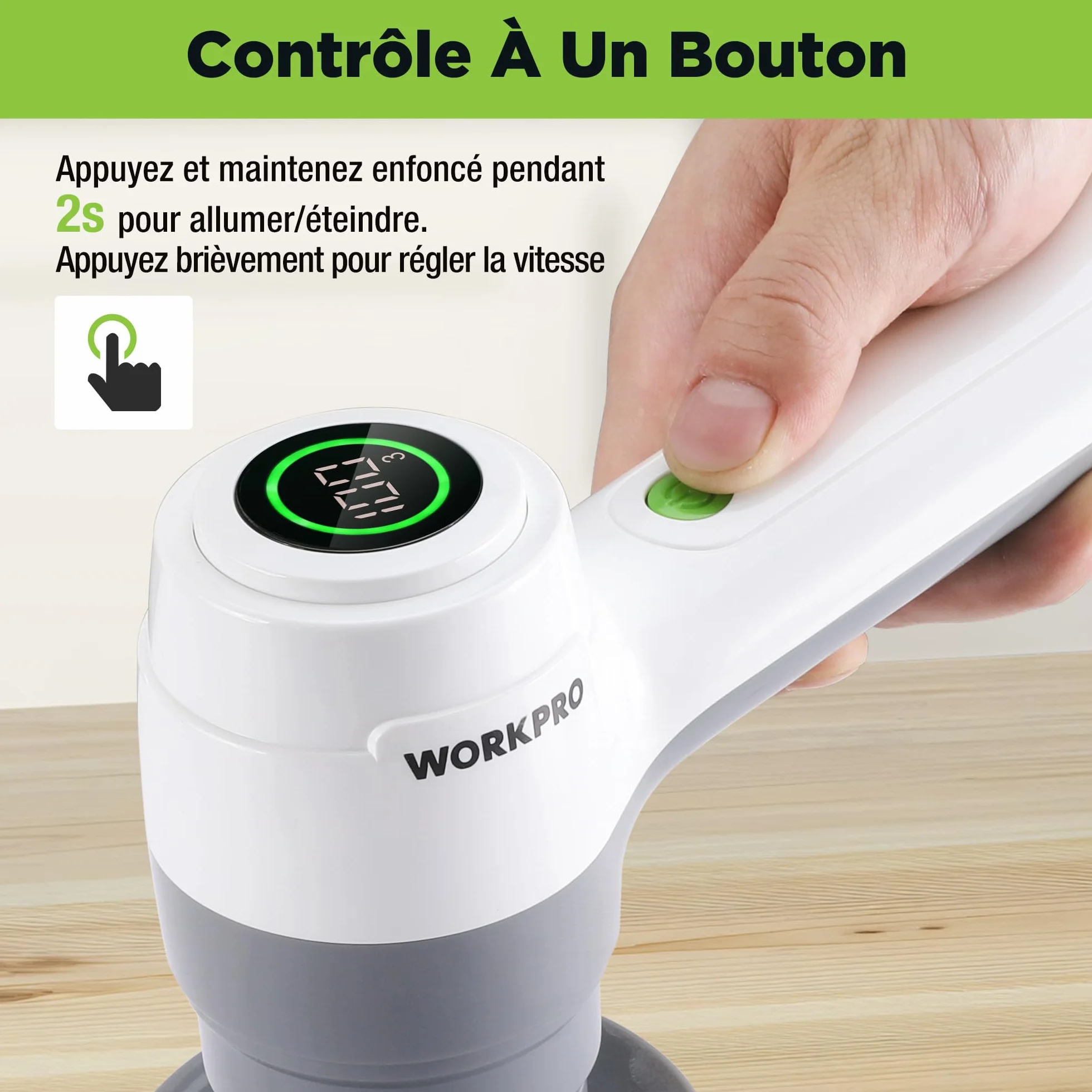WORKPRO Brosse de Nettoyage Rotative avec 6 Brosses, Brosse sans Fil 8V, 3 Vitesses Réglables (200/350 / 500 TR/Min), IPX6, Électrique Rechargeable pour Salle de Bain, Cuisine et Fenêtres