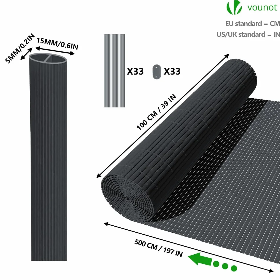Canisse en PVC Brise Vue Ultra Renforcé 100x500cm Gris avec Attaches de Fixation Double Face