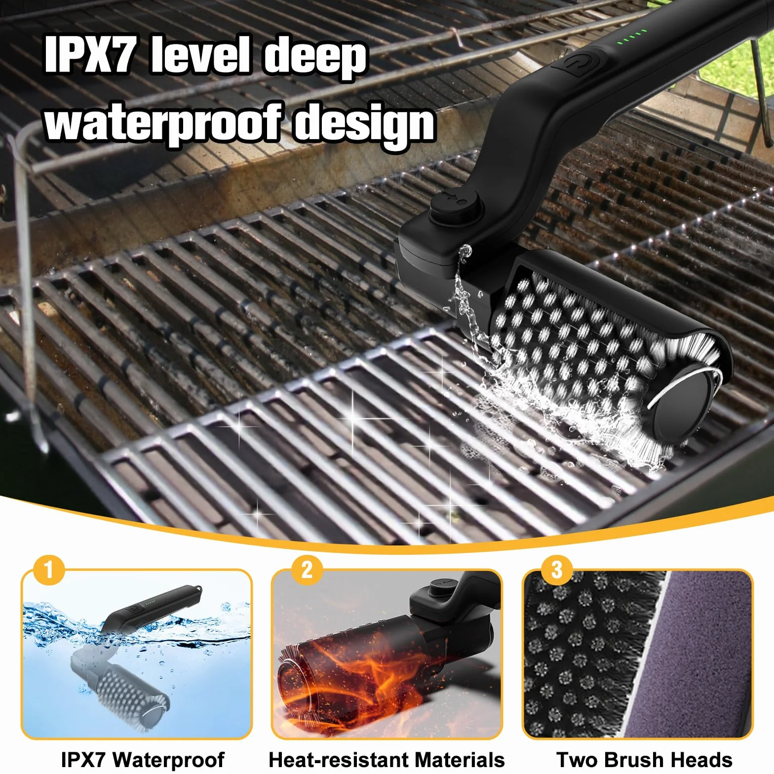 Brosse à récurer automatique pour barbecue 180° réglable, contrôle 3 vitesses, acier inoxydable rechargeable, imperméable