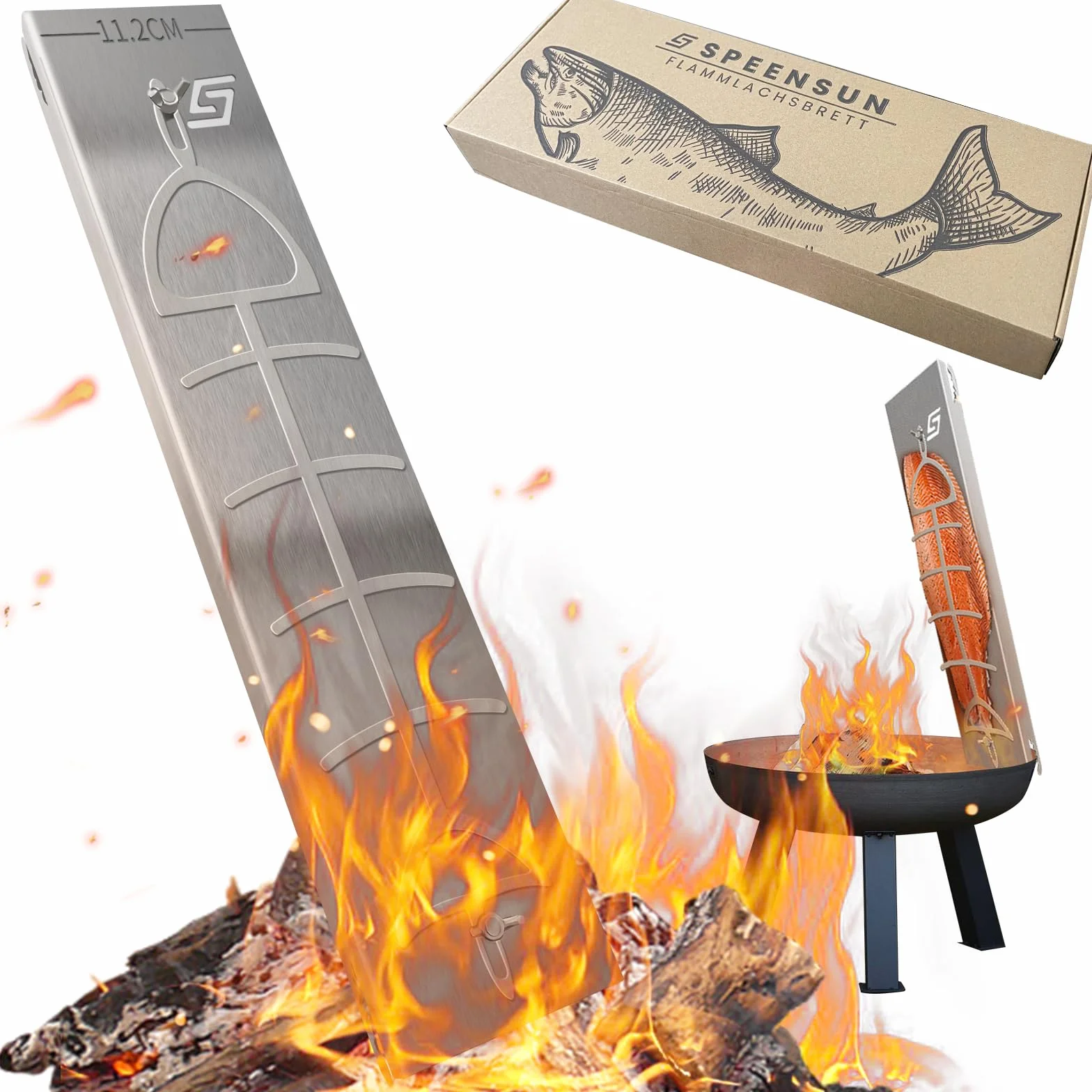 Planche à saumon flammé acier inoxydable demi-poisson 11 cm large écrou fixe 5 angles réglables