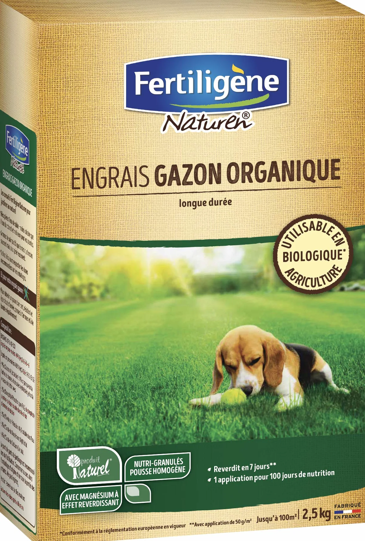 FERTILIGÈNE Naturen Engrais Gazon 100% Organique 2.5kg – Enrichi en Magnésium – Action 100 Jours