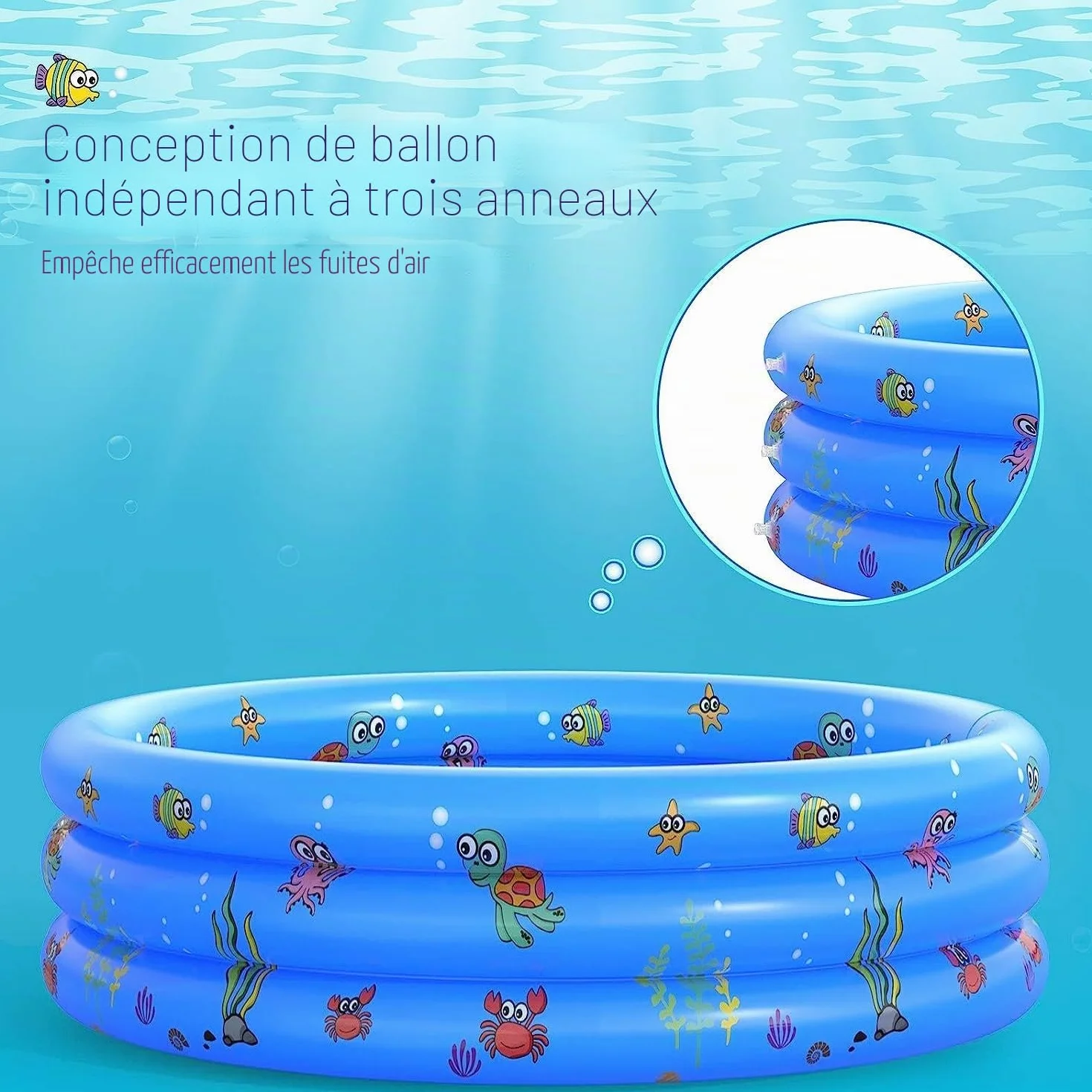 Piscine Gonflable pour Enfants 100x40cm PVC Antidérapant 3 Anneaux Bleu
