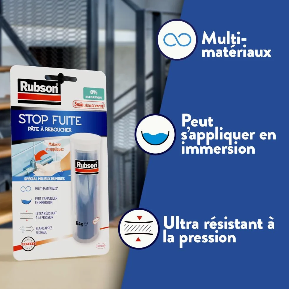 Rubson | Pâte à Reboucher Stop Fuite (bâton de 64 g) – Pâte époxy bi-composante pour réparer, colmater & reboucher tous matériaux – Auto-durcissante et résistante à l'eau et températures extrêmes