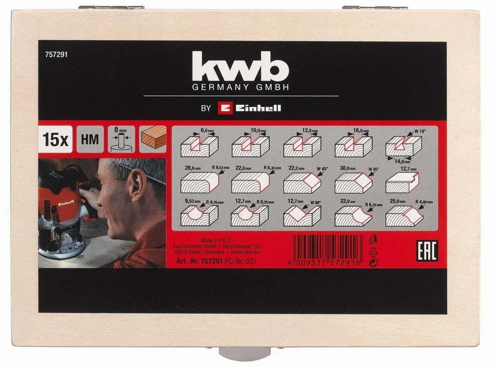 Kwb by Einhell Fraises pour Défonceuses (15 pièces, diamètre de tige 8 mm, dans un coffret en bois)