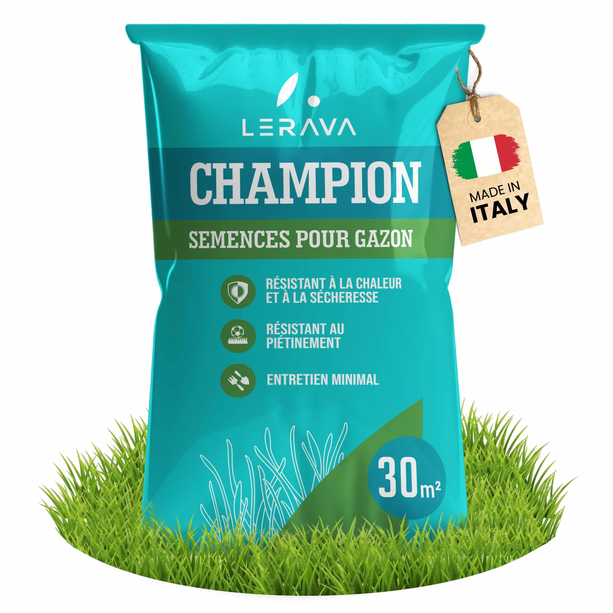 LERAVA CHAMPION Gazon à Semer 30 m² - Graines Pelouse Résistantes Sécheresse - Croissance Rapide Densité Maximale