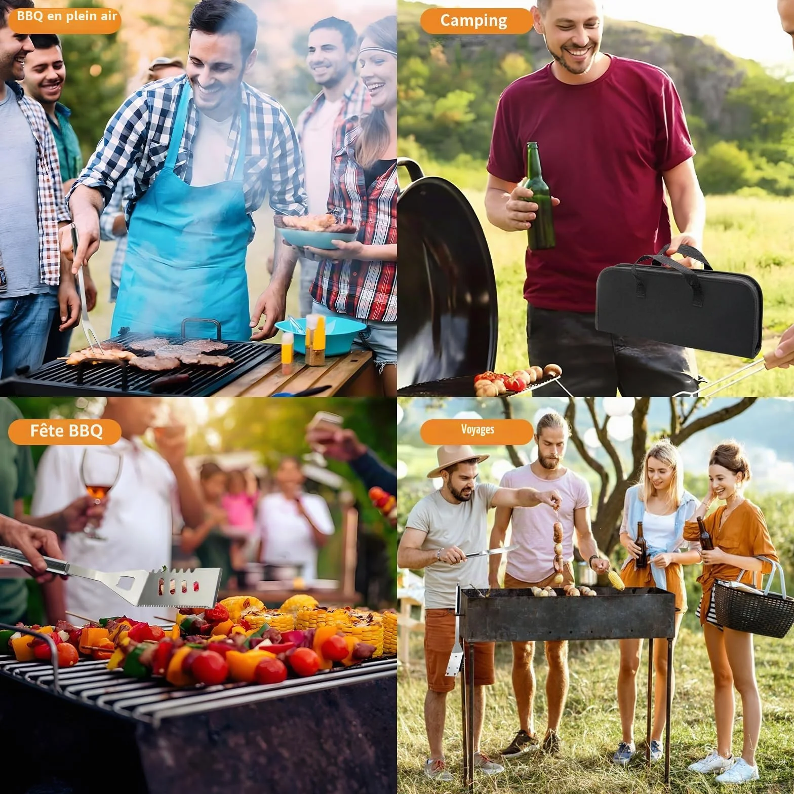 Set Barbecue Acier Inoxydable 11 Pièces Ustensiles avec Sac Portable pour Homme Camping