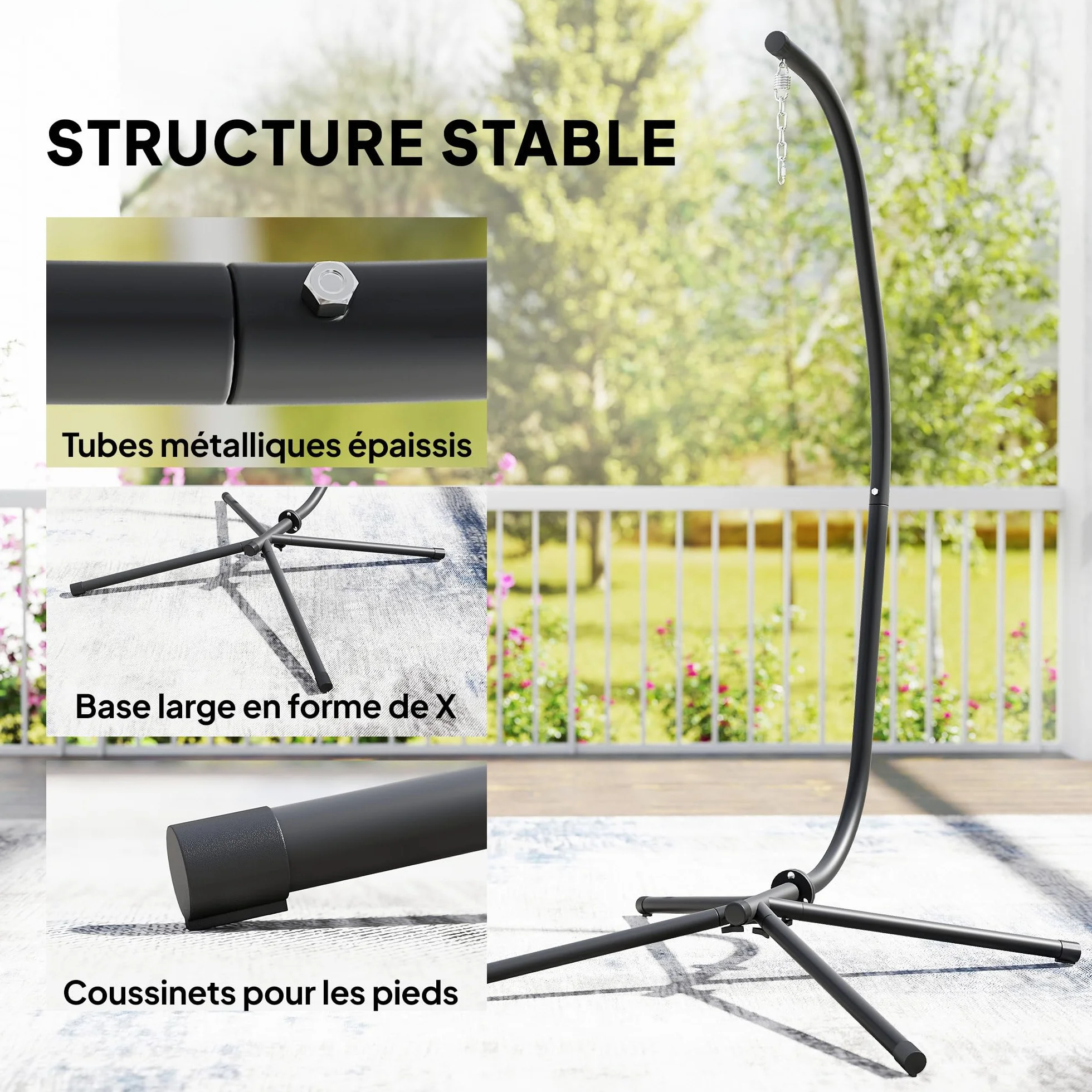 Outsunny Support de Fauteuil Suspendu, Cadre en métal Robuste, Charge Max. 150 kg, 128 x 105 x 205 cm, Noir