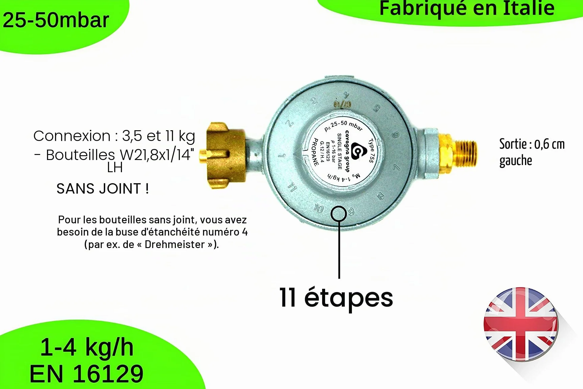 Cavagna Régulateur Basse Pression 25-50mbar réglable 11 Niveaux pour Gaz