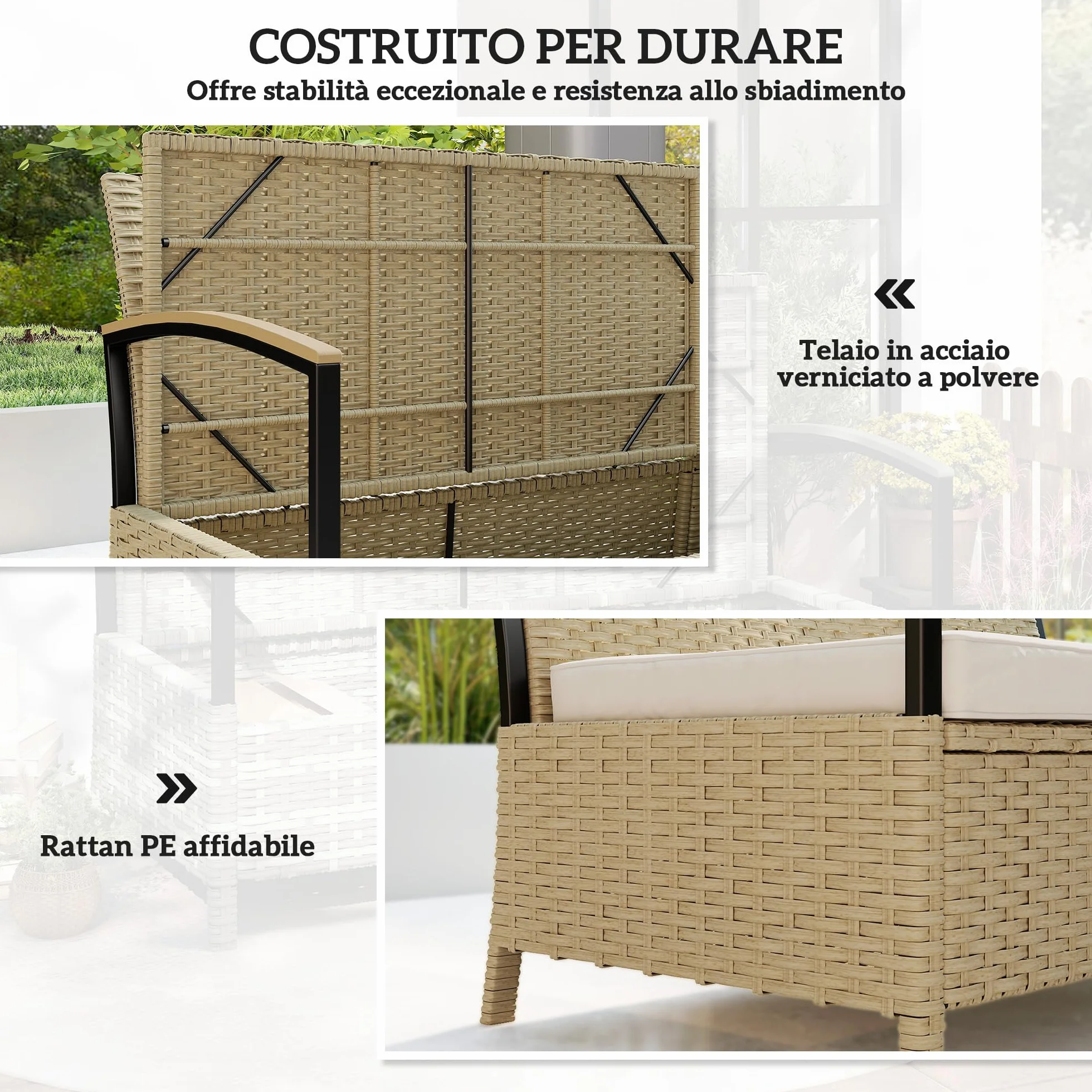 Outsunny Coffre d'extérieur Banc Jardin Rangement 125 L Canapé 2 Places Rotin PE Coussin Métal Terrasse Kaki