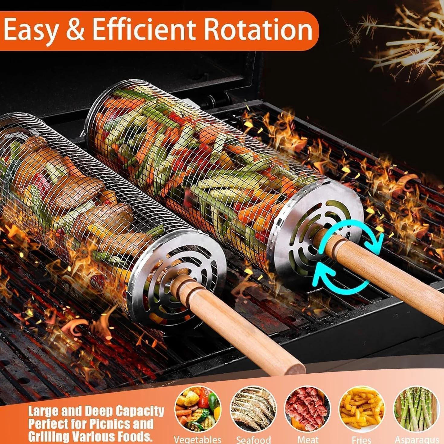 Lot de 2 Paniers à Barbecue Emboîtables, Acier Inoxydable 304, Poignées Bois Amovibles, Compatible Lave-vaisselle