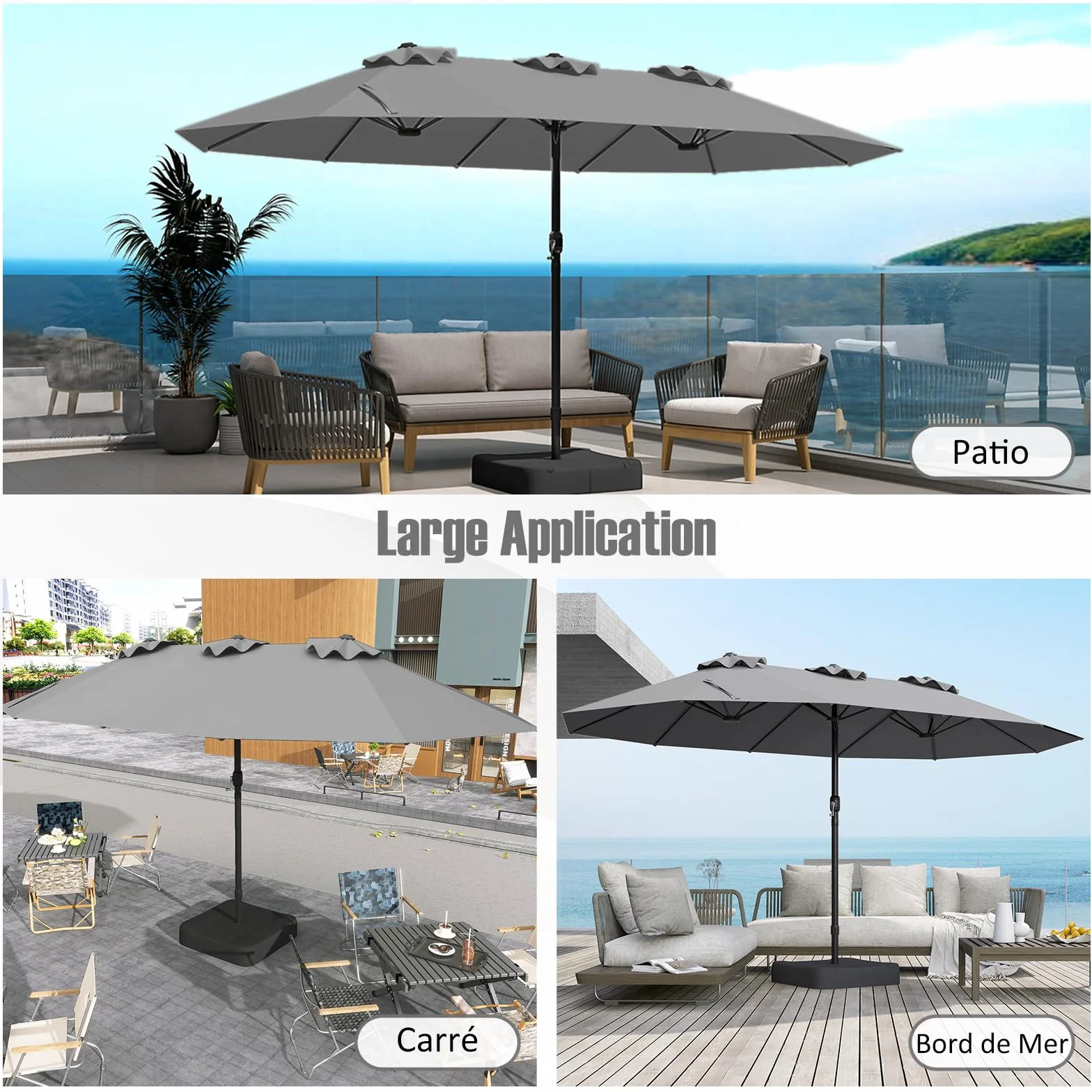 Parasol Double RELAX4LIFE 4,7M avec Pied, Manivelle, 12 Baleines, Base Croix, Protection Solaire Jardin Terrasse Gris