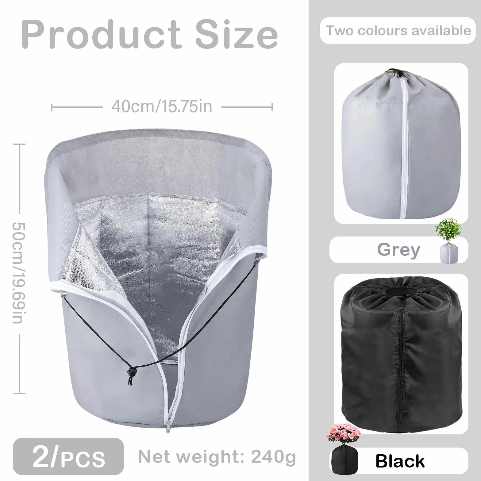 Housse Thermique pour Plantes en Pot Antigel 40 x 50 cm avec Fermeture Éclair et Doublure Isolante