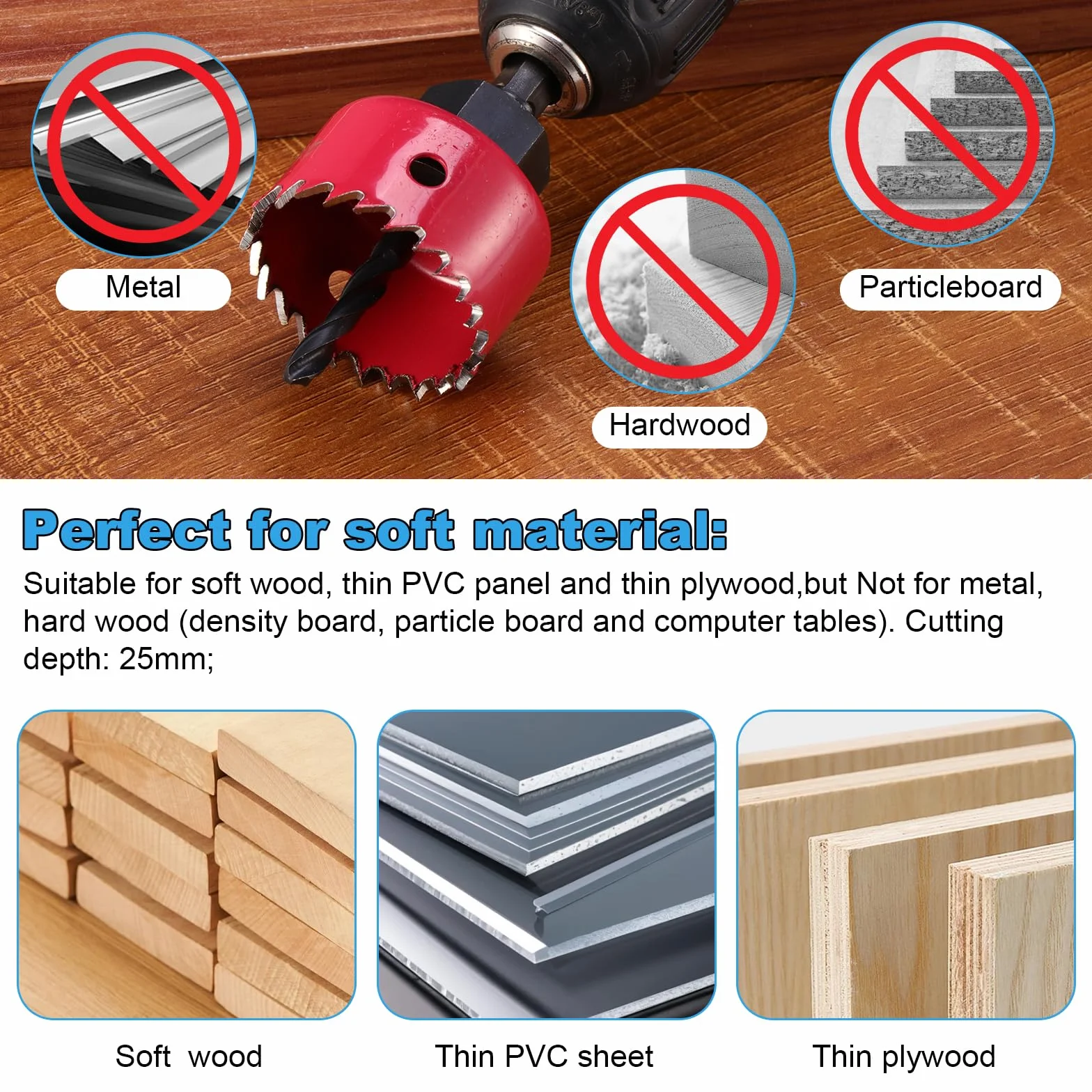 Habwea 11 pièces Scie Cloche pour le bois Circulaires Cloche Perceuse idéale pour les planches de bois minces, les plaques en PVC et en plastique (Rouge -11pcs)