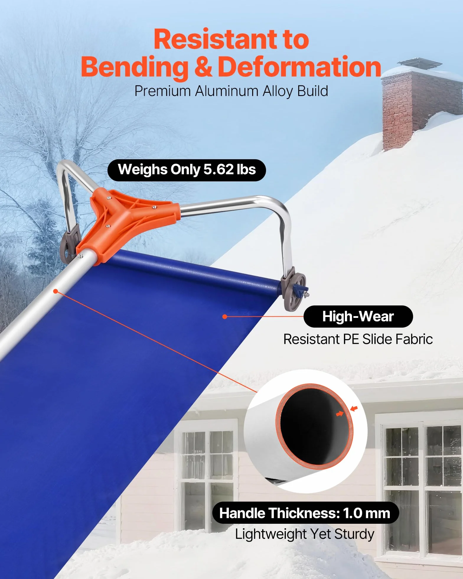 VEVOR Râteau à Neige de Toit 43 cm Réglable 1,25-5,24 m Lame Aluminium Roues Poignée Antidérapante