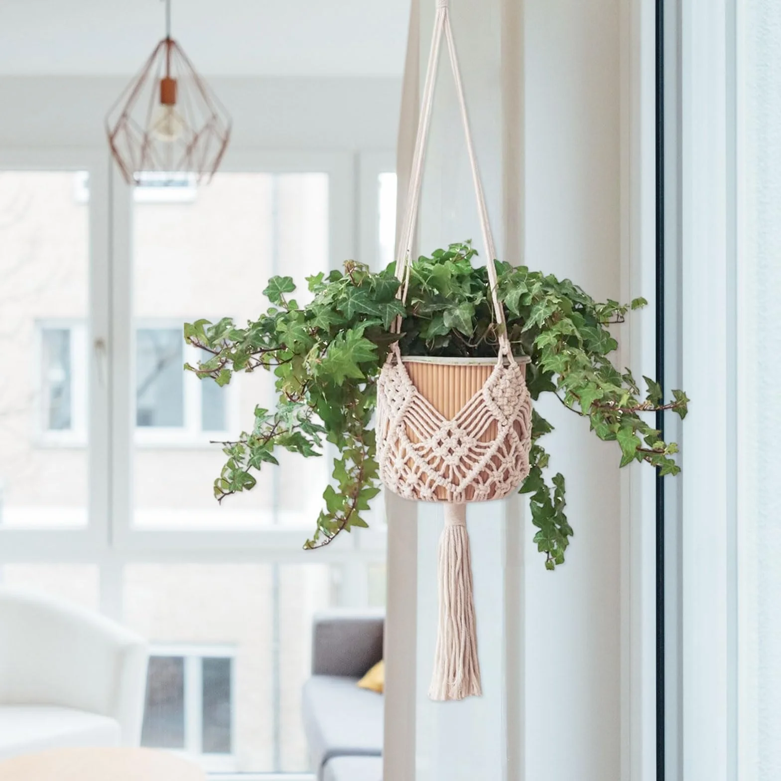 Suspensions Macramé pour Plantes Lot de 2, Supports Boho Intérieur Extérieur, Jusqu'à 20 cm