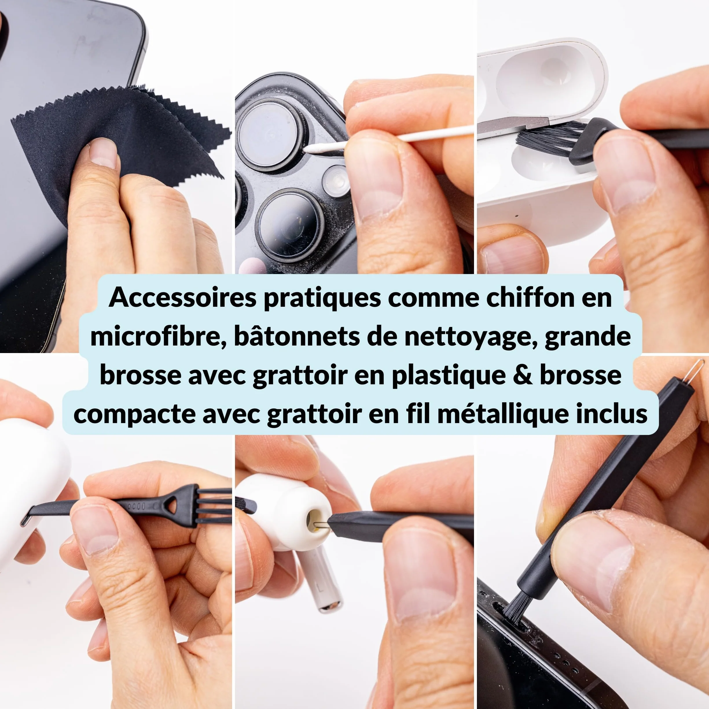 LENS-AID Kit de nettoyage 5 en 1 pour smartphone avec modelage USB-C et Lightning, pinceau, bâtonnets, chiffons en microfibre pour connecteurs, écouteurs, écrans et emplacements pour téléphones