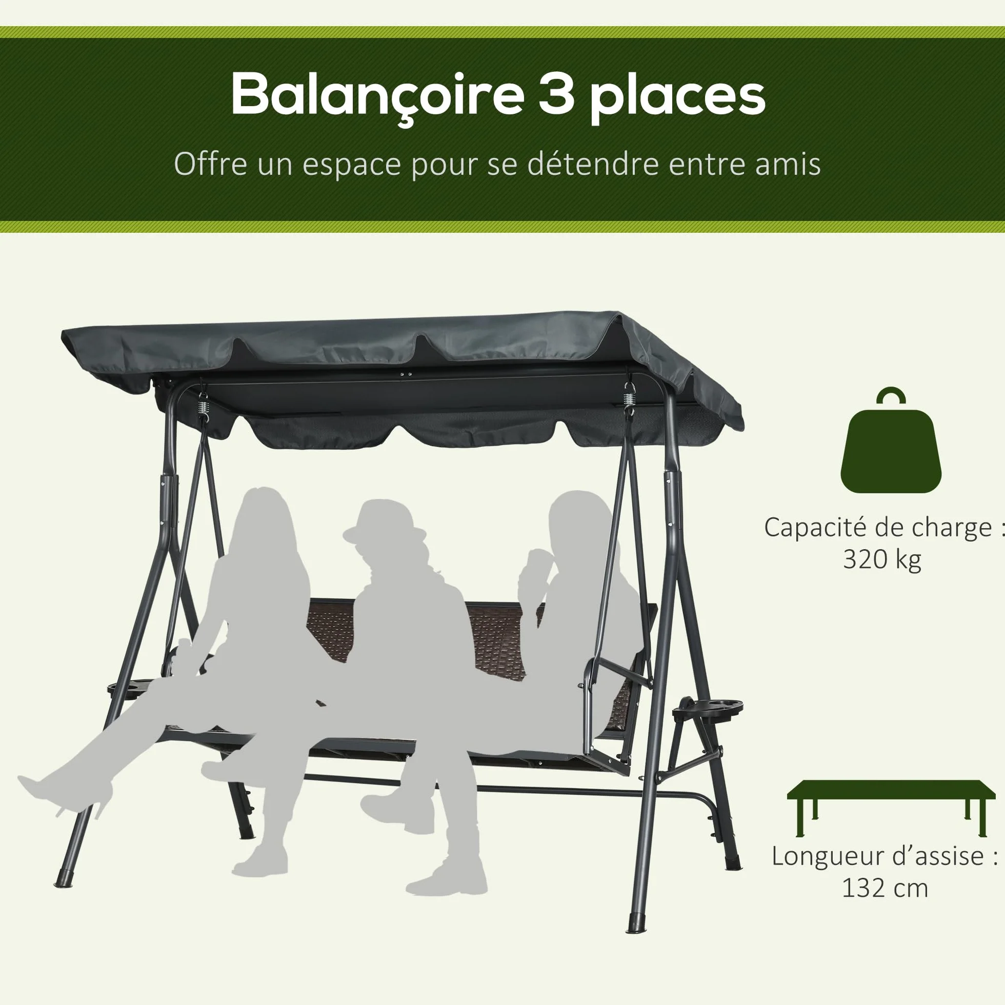 Outsunny Balancelle de Jardin 3 Places Toit Inclinaison réglable en résine tressée PE Acier Gris foncé Marron