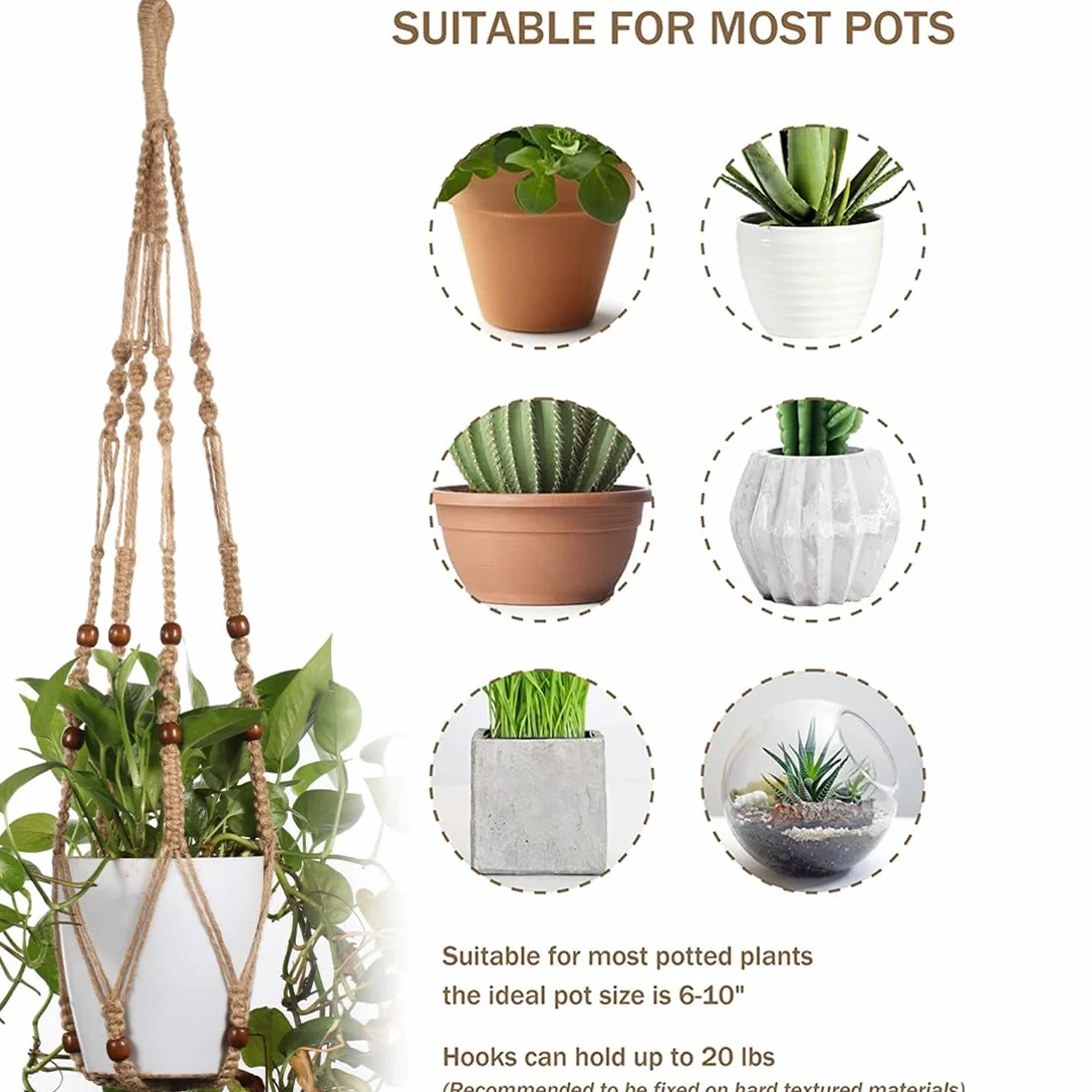 Macramé Support Pots Suspension Plante avec Perles 89cm