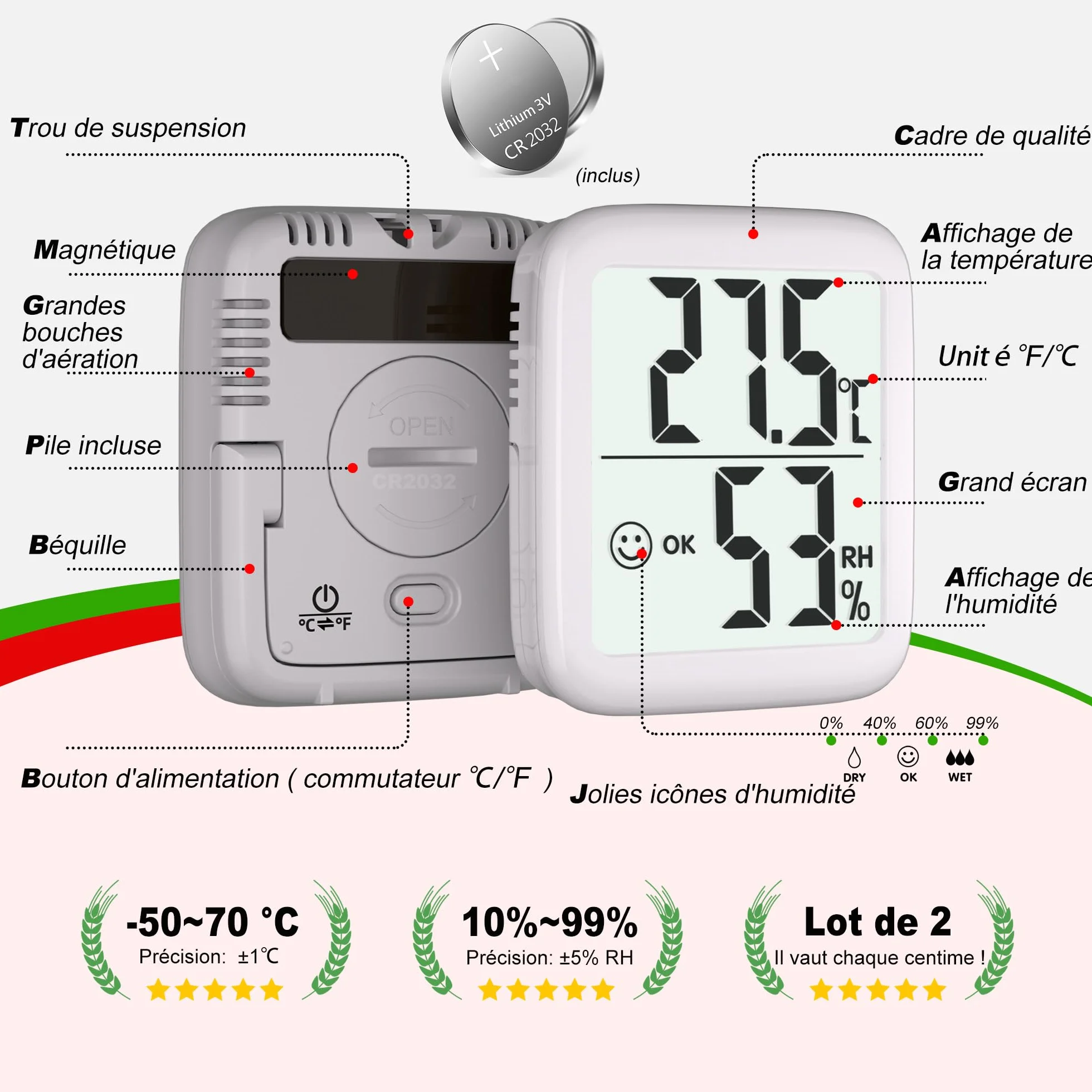 Antonki 2 Pièces Hygromètre Intérieur Thermomètre Moniteur Température Humidité pour Maison Chambre Bureau Couveuse Plantes Reptiles Batterie Incluse