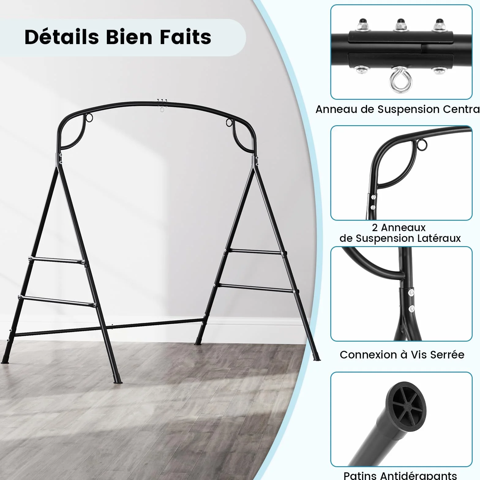 COSTWAY Cadre de Balançoire en Métal 300KG, Support Balancelle Forme A avec Barres Latérales Doubles, 180 x 133 x 182 cm
