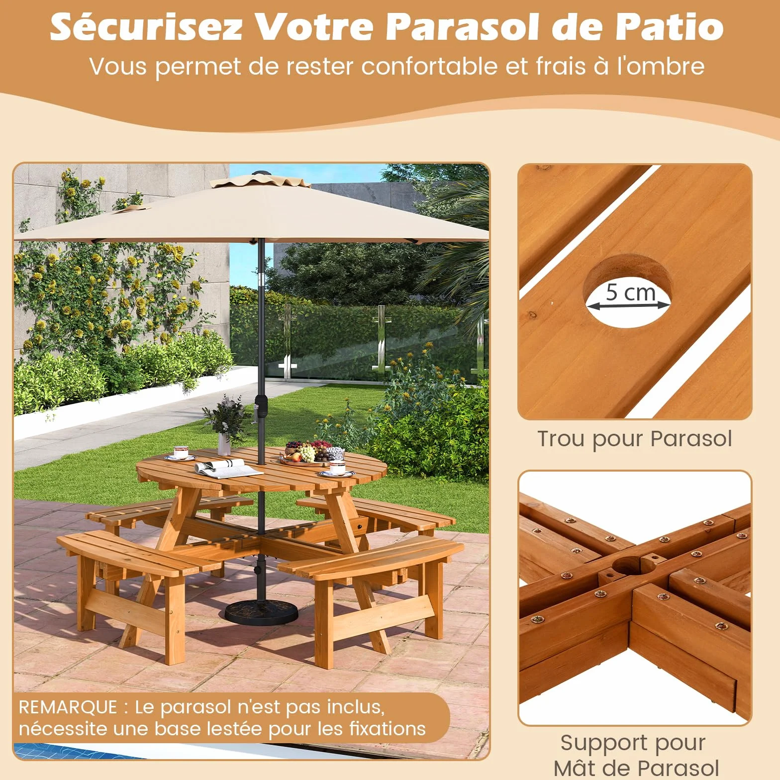 COSTWAY Table de Pique-Nique Bois 2-8 Personnes Set Jardin Bancs Circulaire 4 Bancs Intégrés Parasol 5 cm Jaune 179x179x70 cm