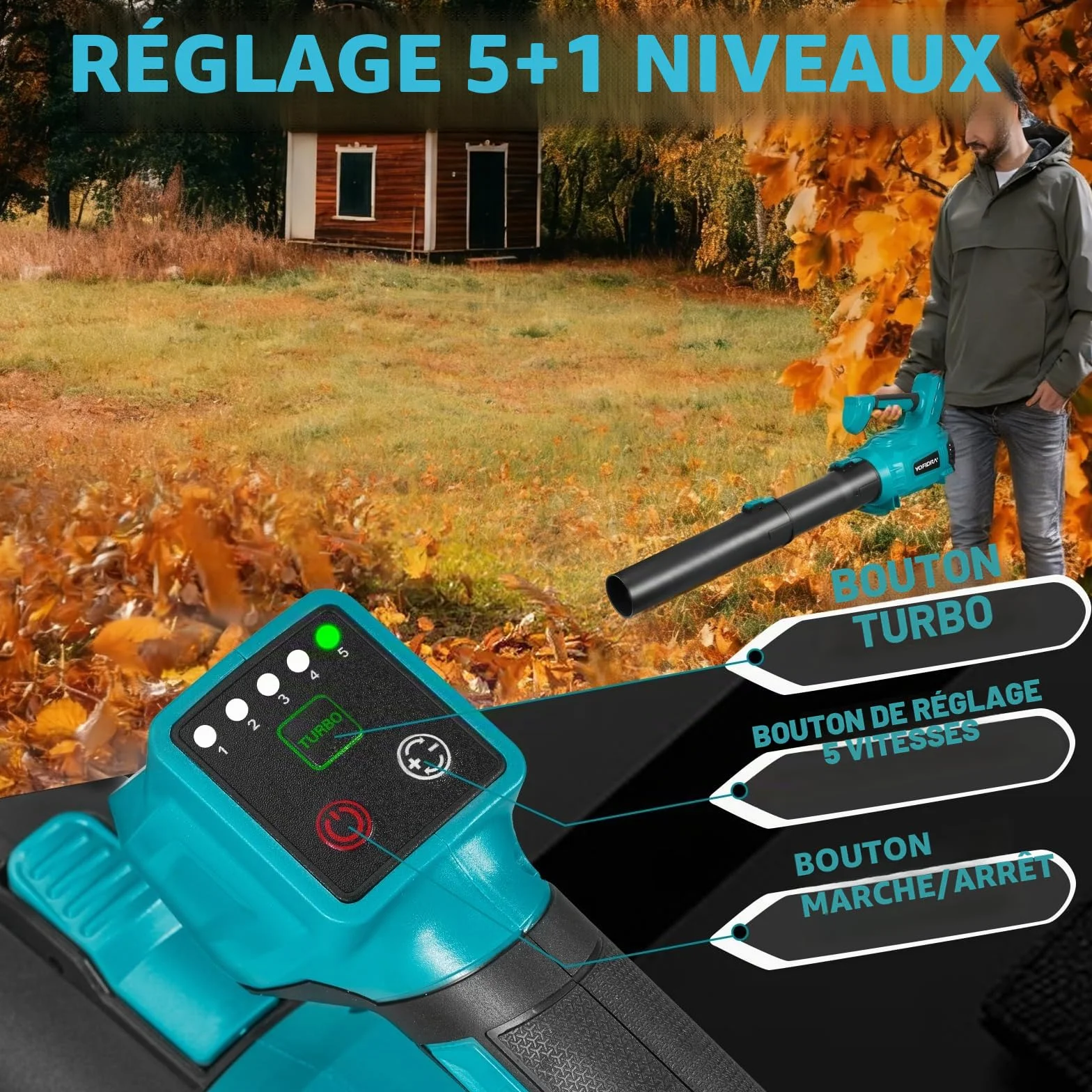 Souffleur de Feuilles sans Fil 400 km/h Moteur sans Balais 25000 TR/MIN 6 Vitesses 2 Batteries