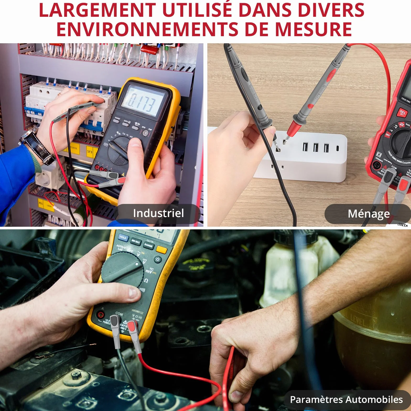 BINTA Cordons de Test Multimètre CAT III 1000V 20A, 1m Câbles avec Fiches Banane 4mm Isolées, Pointes Interchangeables 1/2/4mm (Plaquées Or), Pinces Crocodile, Capuchons