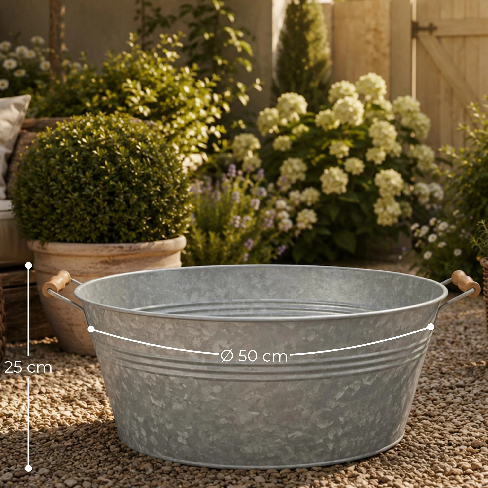 Grande cuvette en zinc avec poignées en bois 50 x 25 cm - Pot de fleurs résistant aux intempéries pour l'extérieur