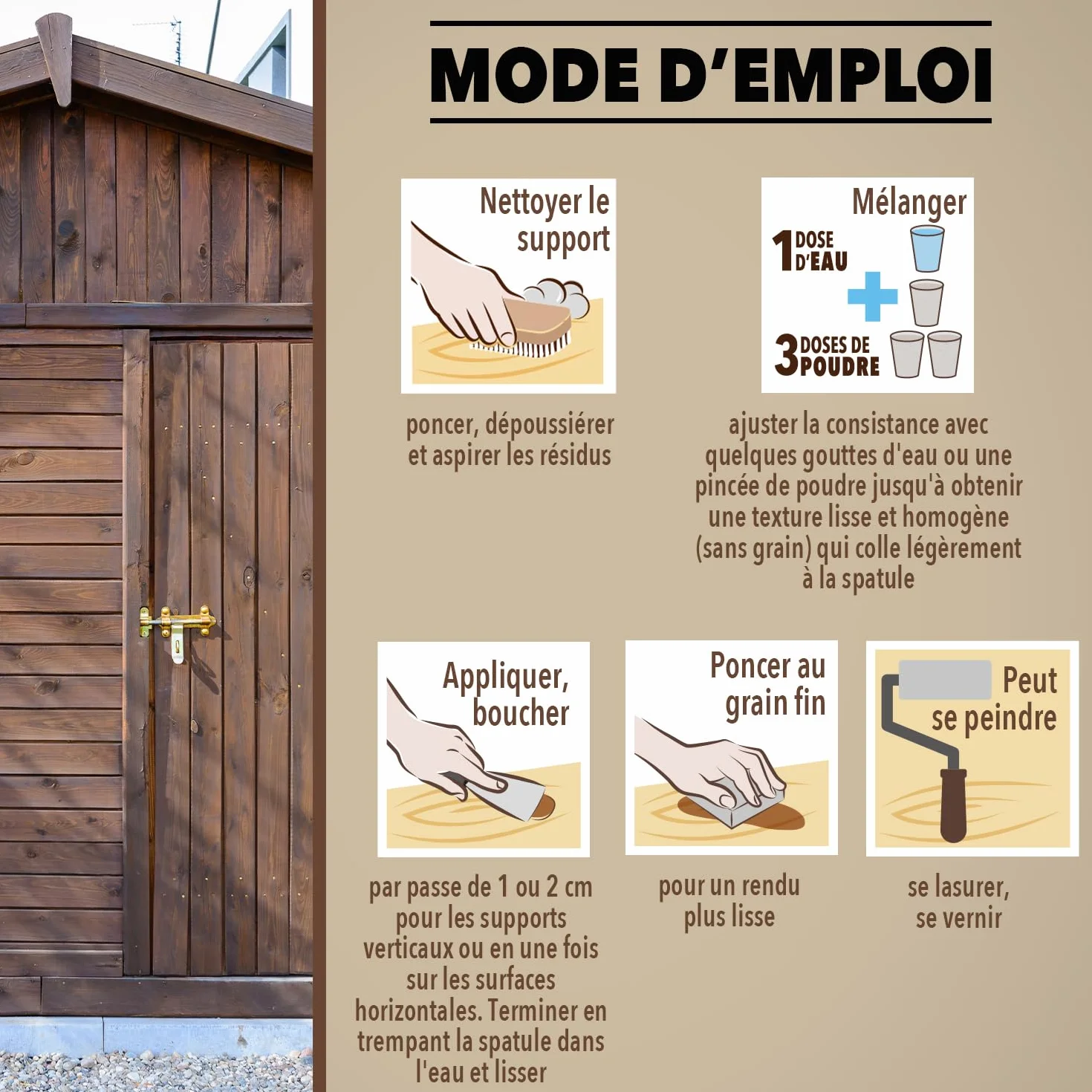 SINTO - Enduit poudre rebouche gros trous - Format 1kg - Idéal pour reboucher les trous sur du bois - excellente adhérence, solidité extrême - peut se lasurer et se peindre
