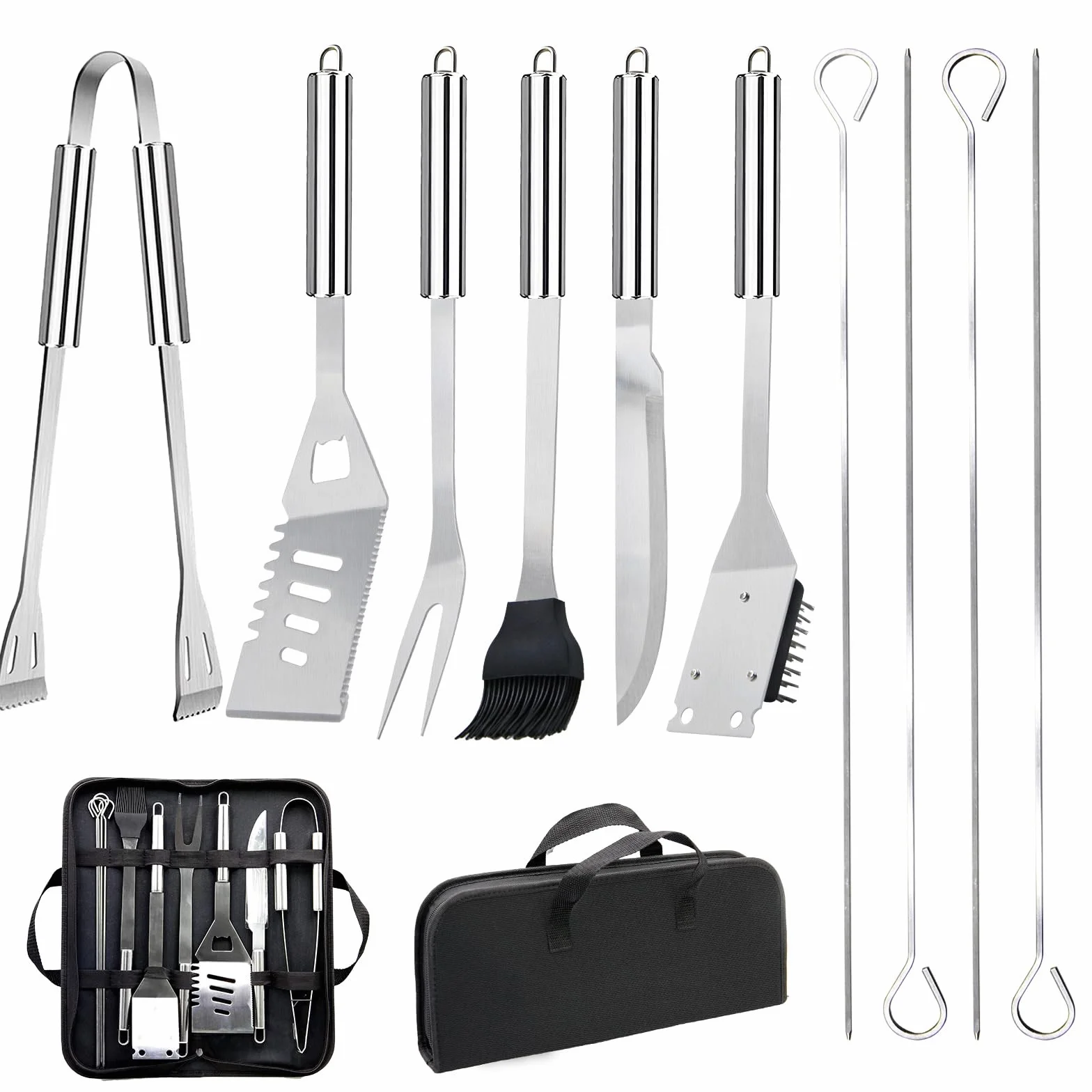 Set Barbecue Acier Inoxydable 11 Pièces Ustensiles avec Sac Portable pour Homme Camping