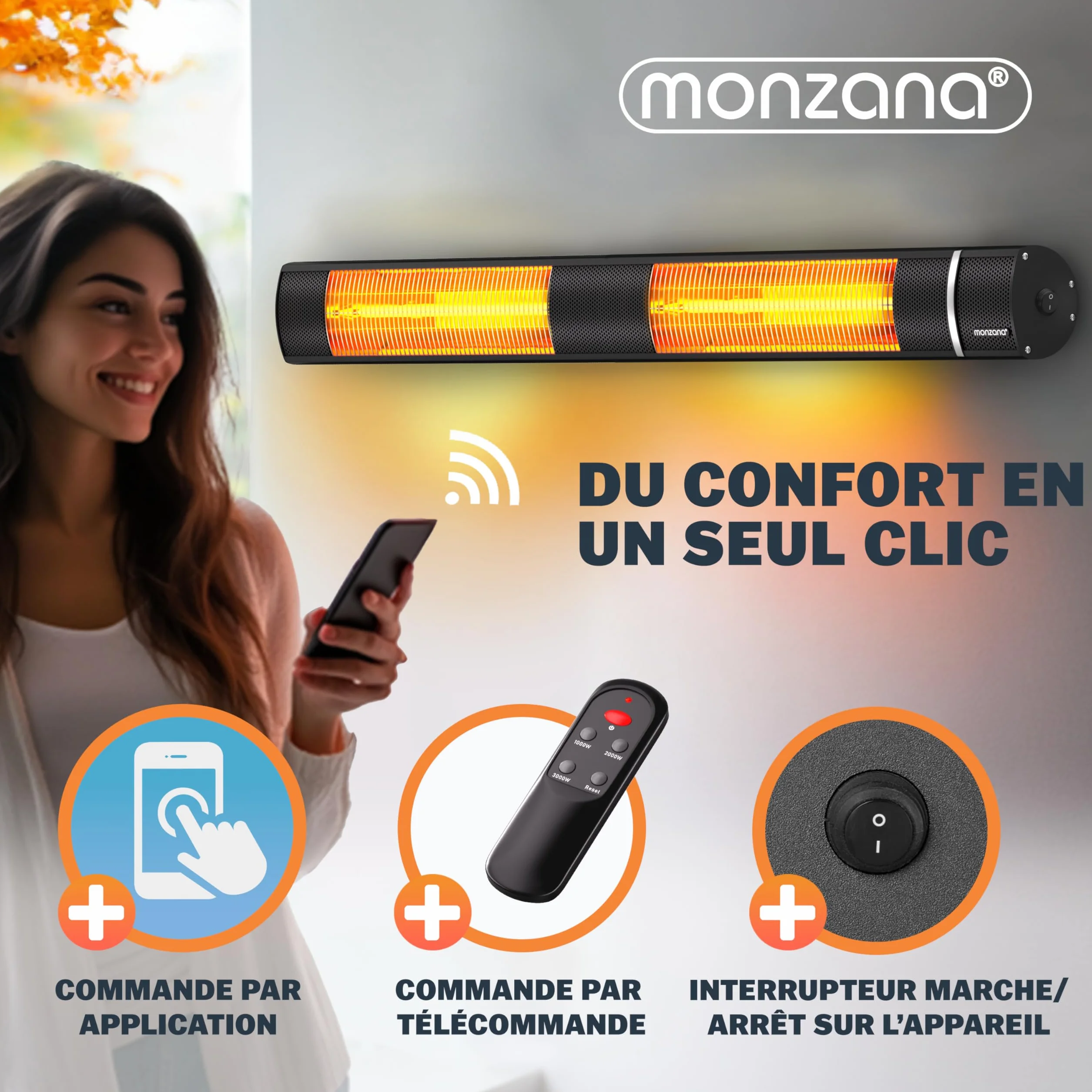 MONZANA Radiateur infrarouge MZH3000 2000W commande application 3 niveaux chauffage télécommande mural noir