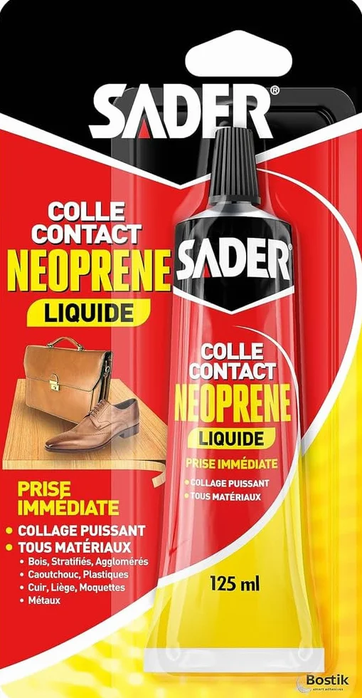 Sader Colle Contact Néoprène Liquide – Colle Extra Forte Tous Matériaux – Prise Immédiate – Idéale pour Surfaces Horizontales – Applicable au Pinceau – Tube de 125 ml