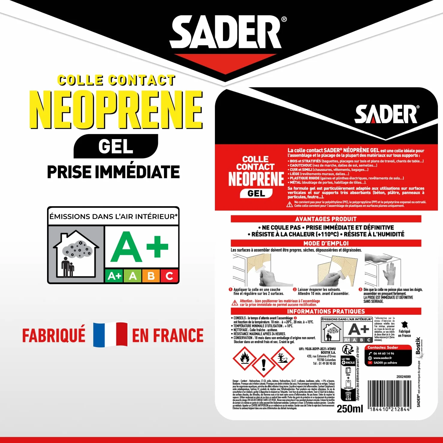 Sader Colle Contact Néoprène Gel – Colle Extra Forte Tous Matériaux – Prise Immédiate – Idéale pour Supports Poreux ou Verticaux – Spatule Incluse – Boîte de 250 ml