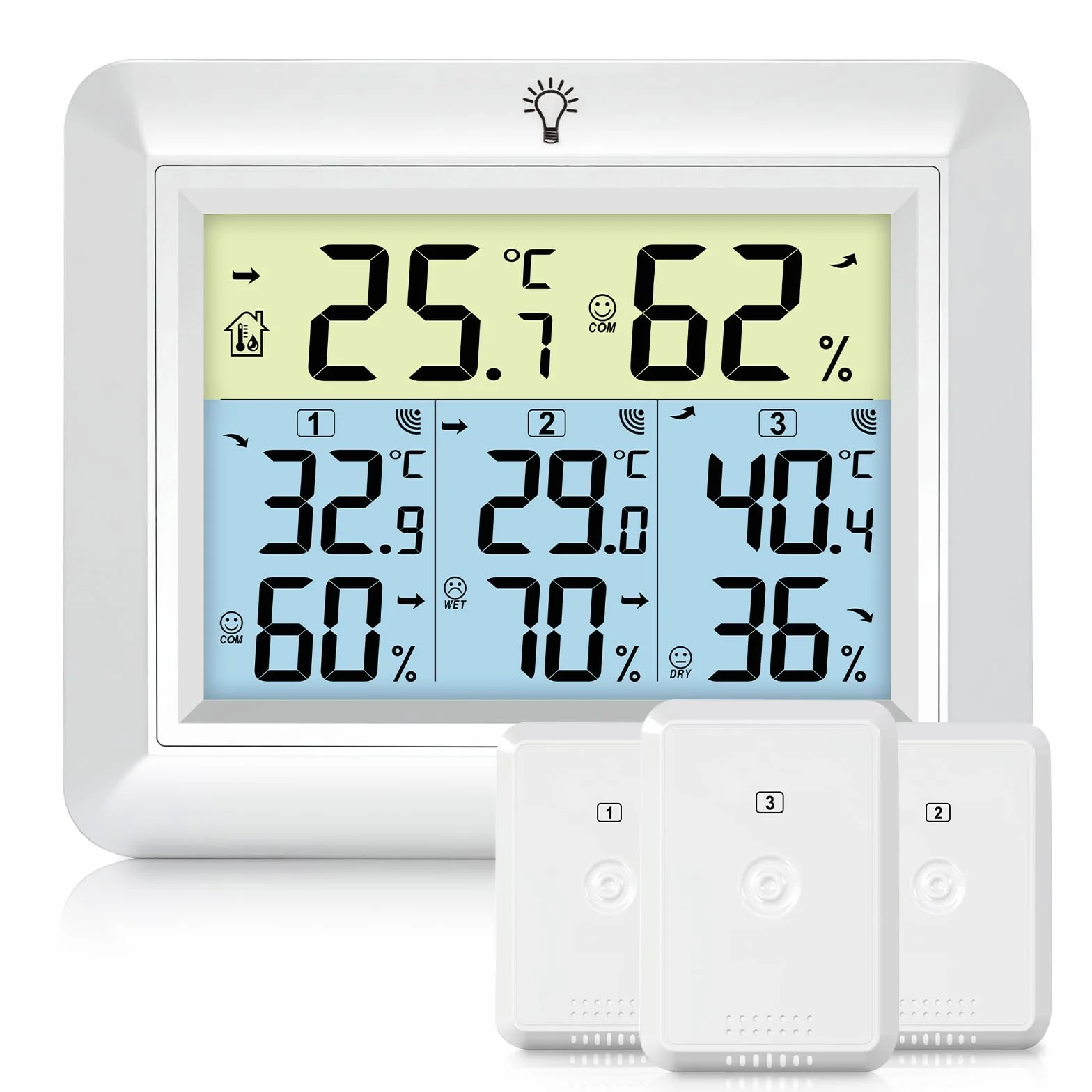 Thermomètre Intérieur Extérieur Sans Fil avec 3 Capteurs, Hygromètre, Portée 100M, Enregistrement MIN/MAX, Blanc