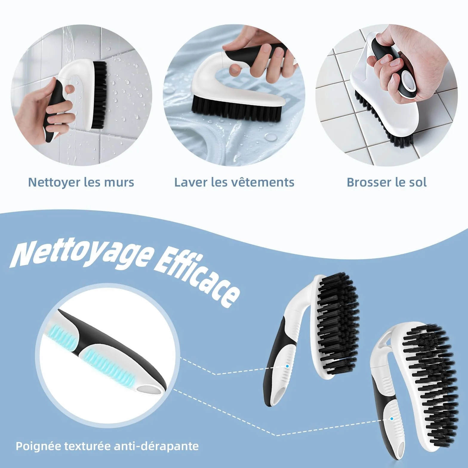Cleangor Lot de 3 Brosses de Nettoyage, 2 Brosses Nettoyage Salle de Bain avec Manche Ergonomique et 1 Brosse à Joints, Brosse à Récurer pour Salle de Bain, Cuisine, Baignoire et Sol (3, Noir)
