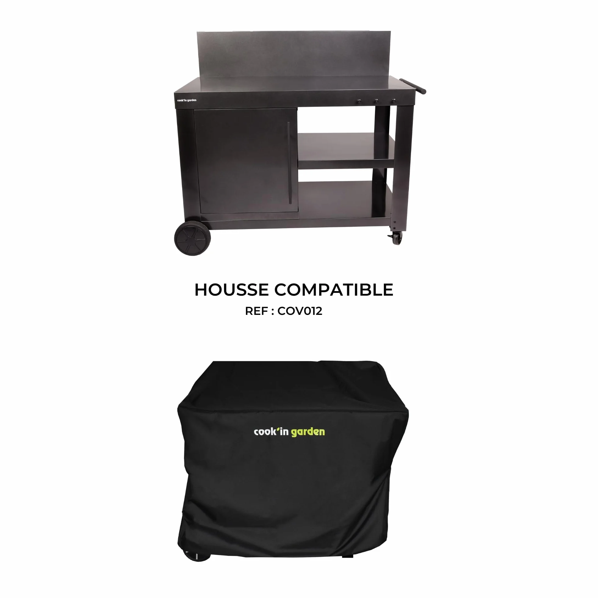 Cook'in Garden Desserte Nova 110 Premium Chariot de Jardin avec Plan de Travail, Meuble sur Roulettes pour Plancha ou Barbecue, Noir