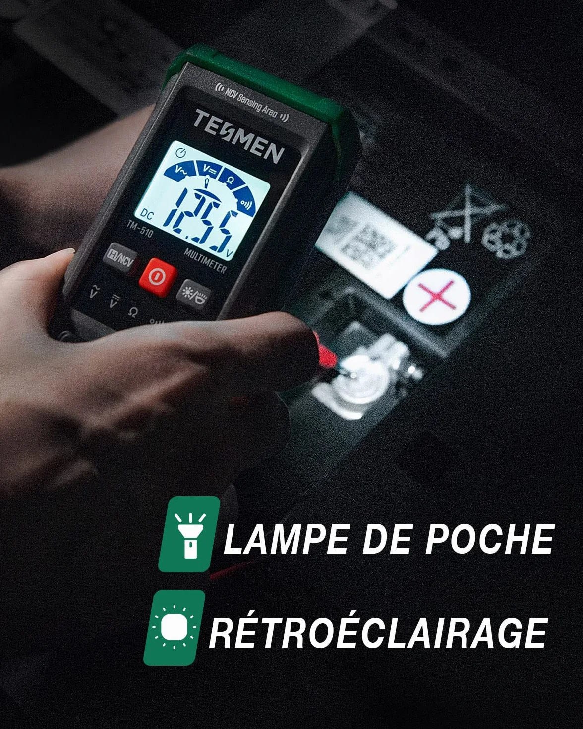 TESMEN TM-510 Multimetre Numerique, Testeur Electrique 4000 Comptes, Multimetre Professionnel Mesure Intelligente, Auto-Ranging Voltmetre, Mesure La Tension AC/DC, Resistance, Continuite – Vert