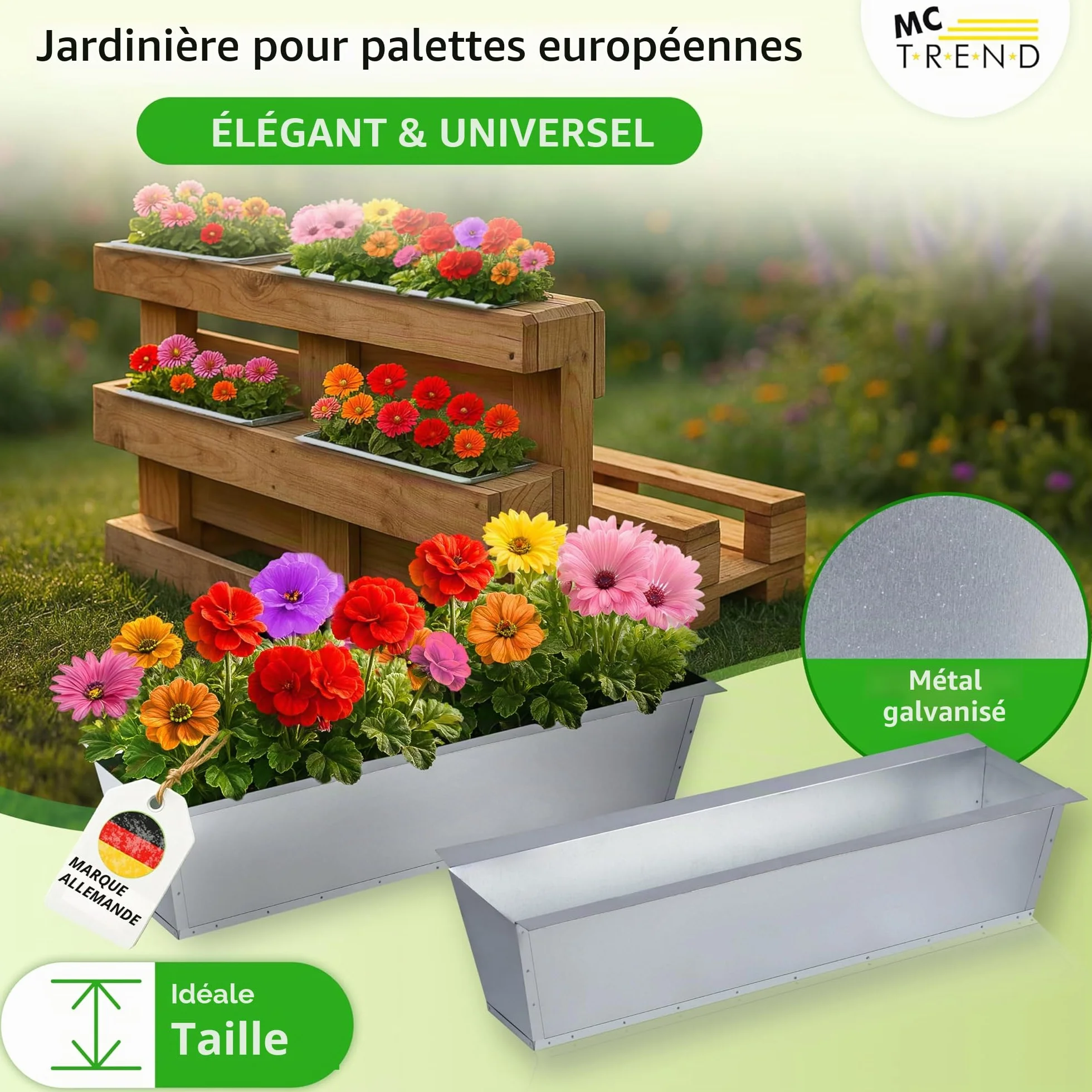 Jardinière pour palettes européennes Métal galvanisé 38,1 x 13 x 9 cm Résistant aux intempéries