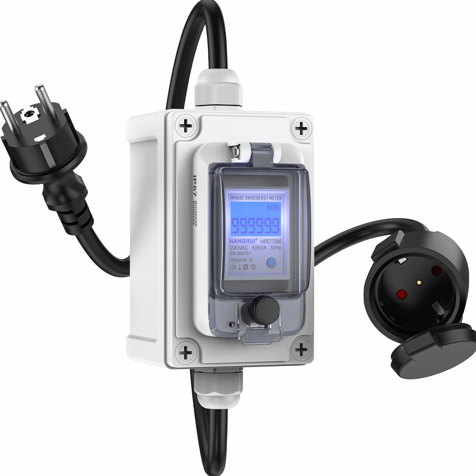 BreeRainz Compteur de courant numérique mobile 60 A 230 V, compteur électrique étanche IP67 kilowatts avec prise CEE Schuko universelle, fonction mémoire de coupure de courant, pour appareils
