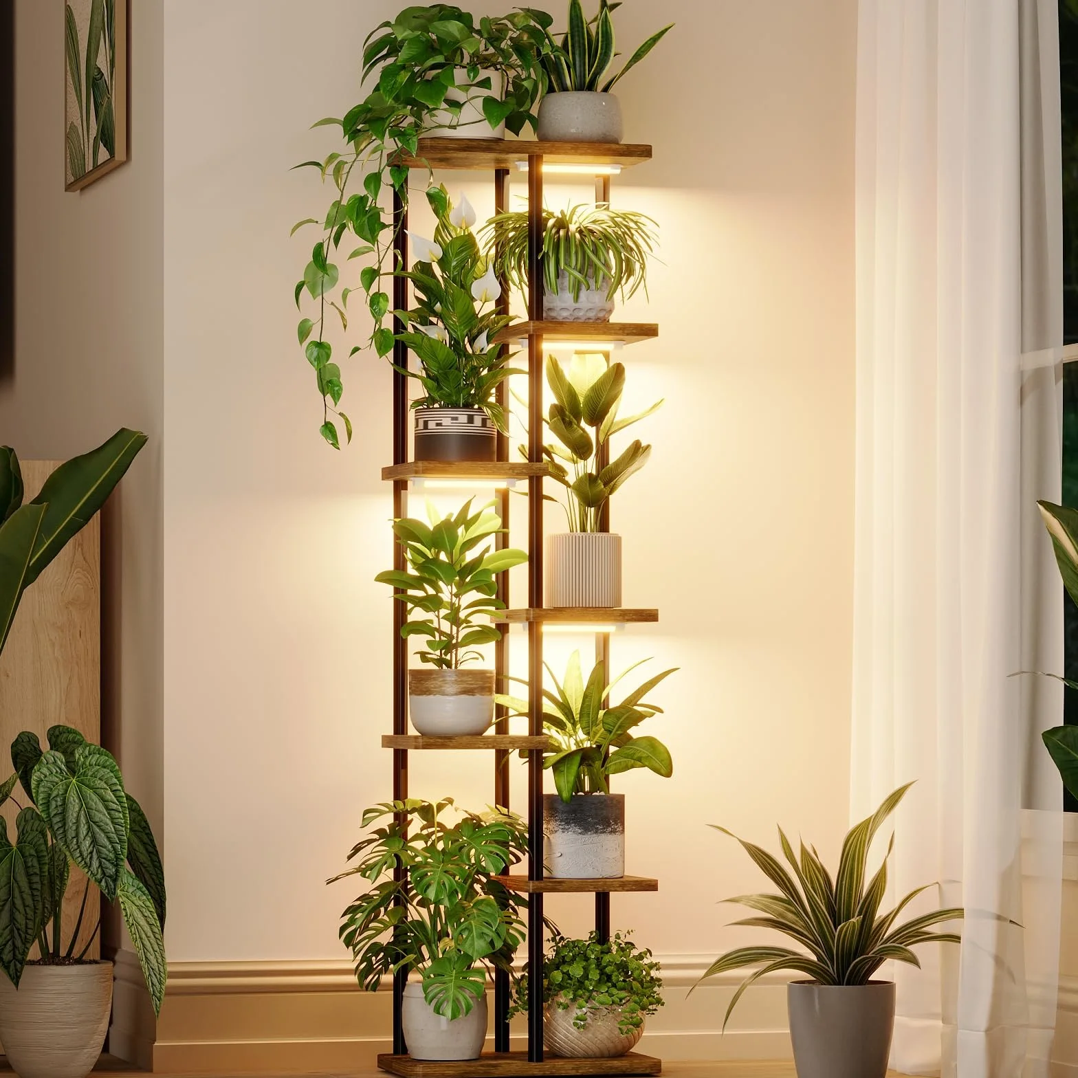 Bamworld Étagère Plante d'Angle 7 Niveaux Bois Métal avec Lampe, Support Plante Intérieur avec Éclairage