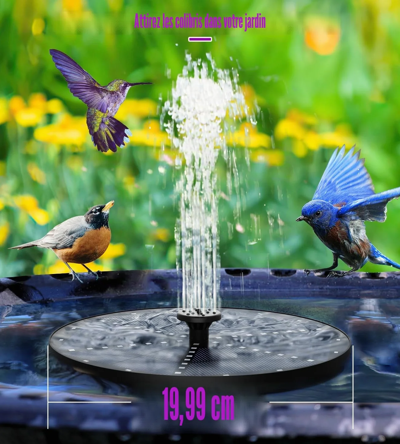Fontaine Solaire 60 LEDs Colorée 2026 Upgraded Solaire Flottant Extérieur Pompe Bassin avec 8 Buses pour Bain d'oiseaux, Étang, Jardin